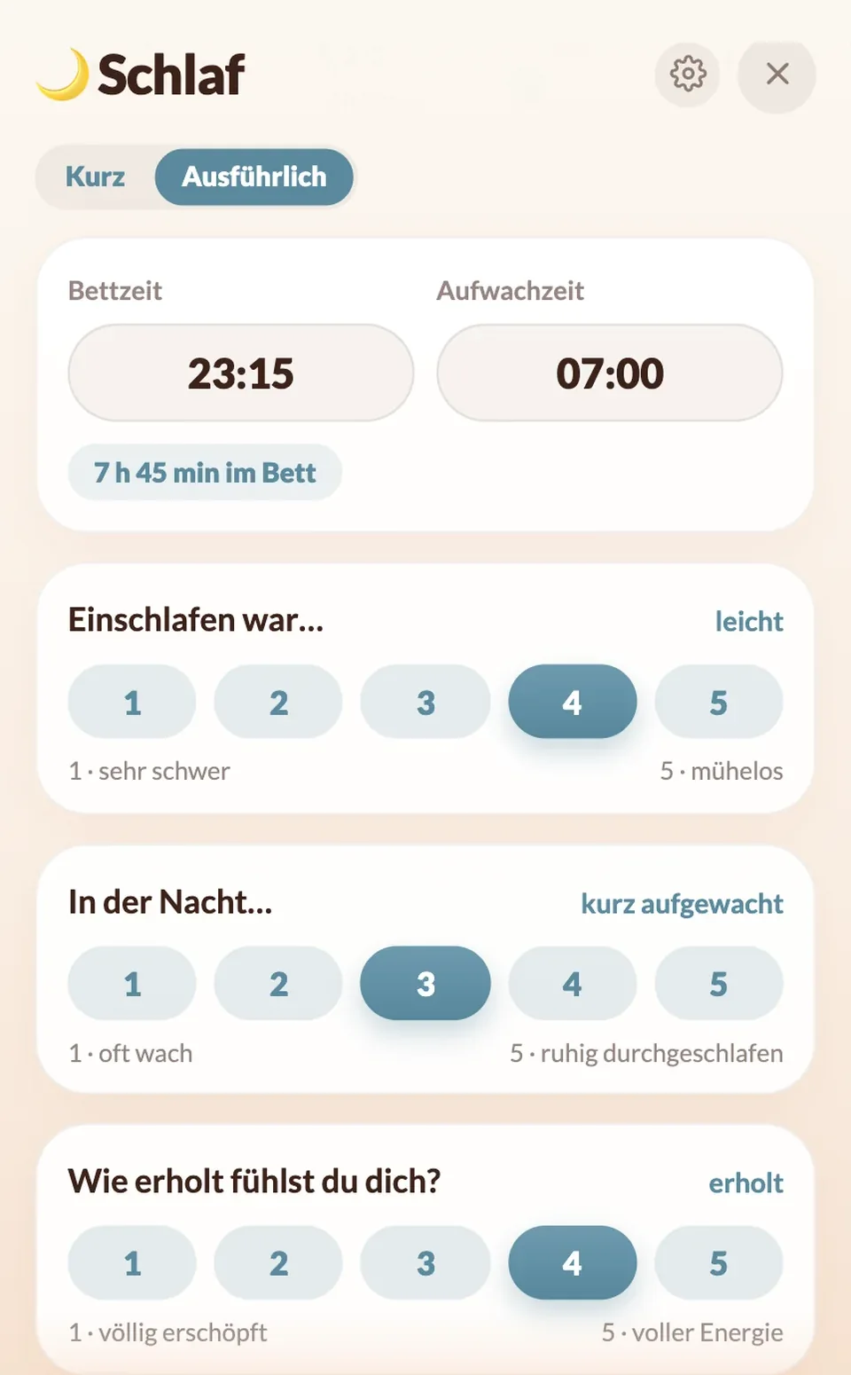 Schlaf mit Bettzeit und vier Fragen
